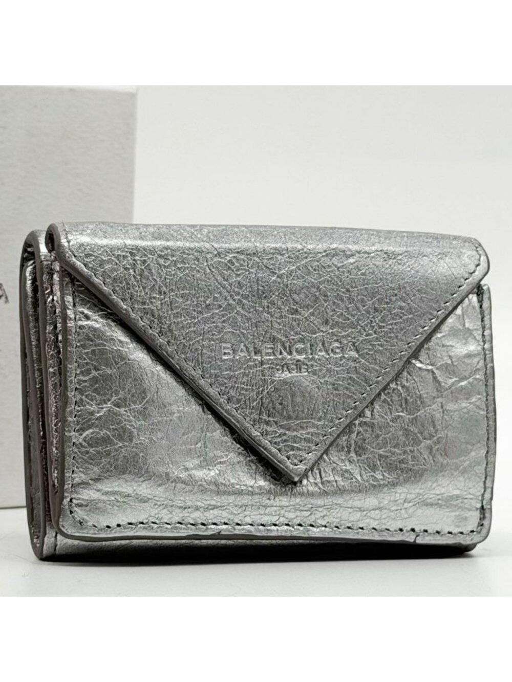 Balenciaga Paper Mini Silver Trifold Compact Wallet